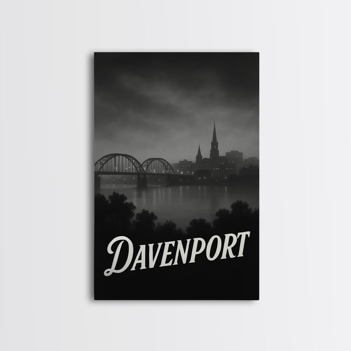 Davenport Iowa Travel Poster, Canvas Print, Night Street Poster Art, Davenport City Art, Travel Art Print, Vintage Travel Print, Travel Gift