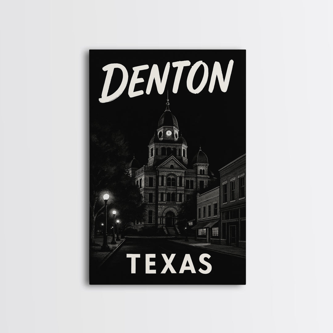 Denton Travel Poster, Framed Canvas Print, Dark Moody City Wall Art, Denton Poster Print, Gift For Travelers, Vintage Travel Art