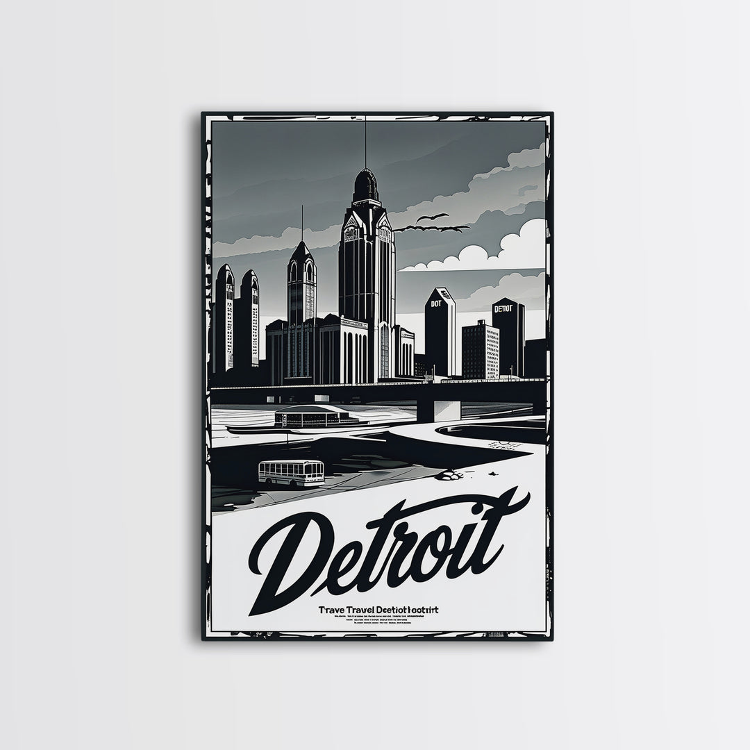 Detroit Travel Poster, Canvas Print, Dark Moody City Wall Art, Detroit Travel Art, Home Office Decor, Modern Wall Decor, Gift For Travelers