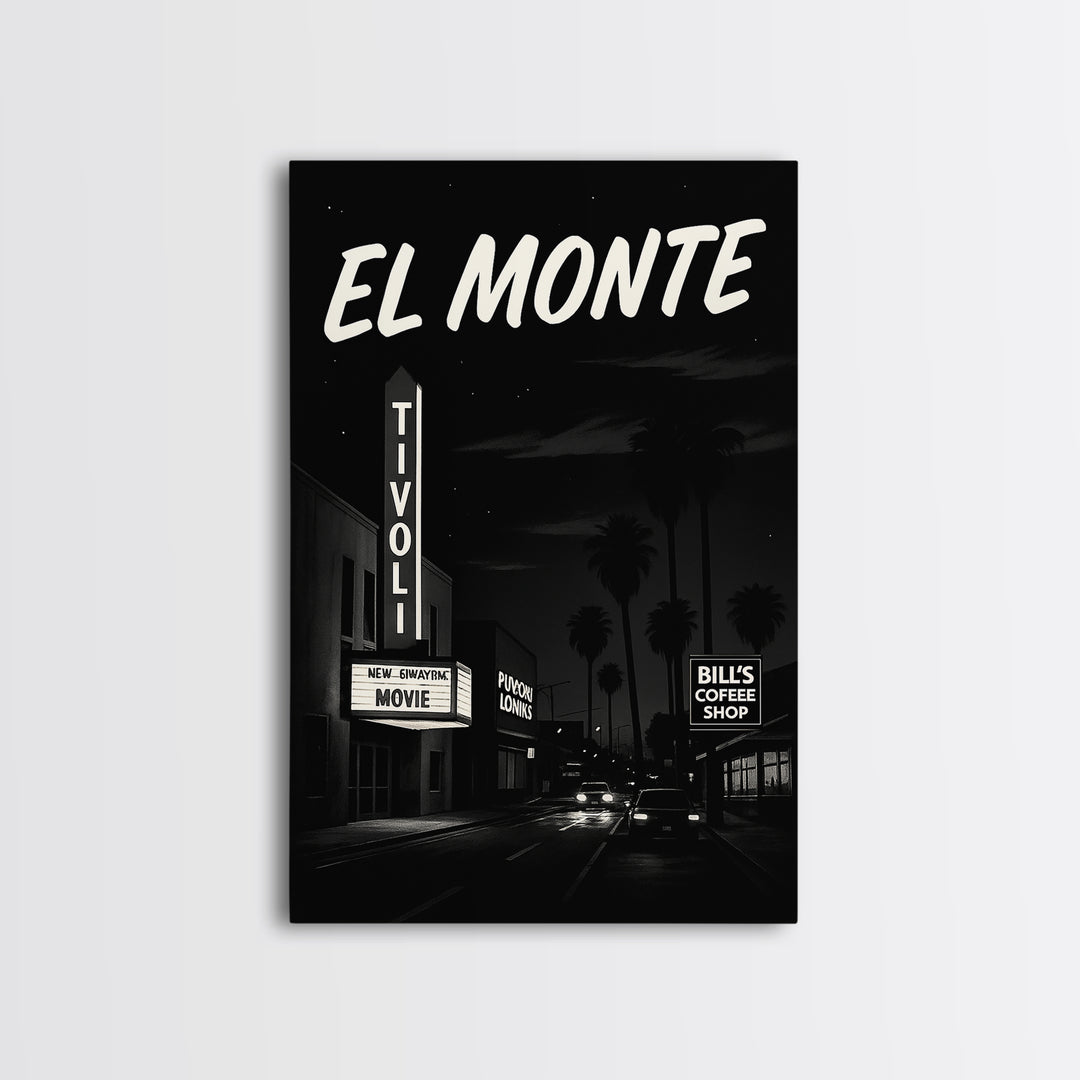 El Monte Travel Poster, Framed Canvas Print, Vintage Noir Poster Art, El Monte Wall Art, Vintage City Art, Retro Travel Print, Design 2