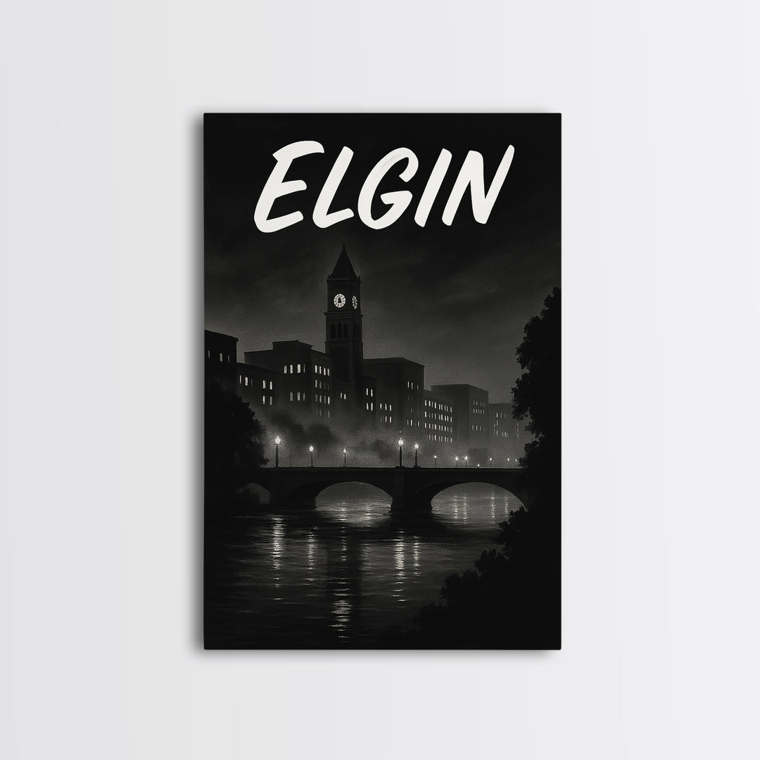 Elgin Illinois Travel Poster, Canvas Print, Dark Moody City Wall Art, Elgin City Art, Travel Poster Art, Wall Art, Travel Wall Decor
