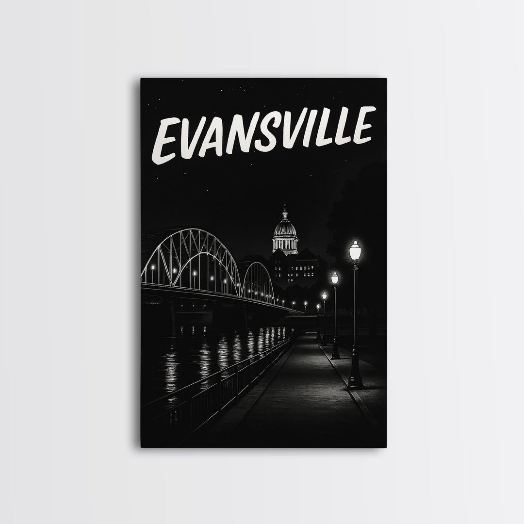 Evansville Travel Poster, Canvas Print, Black And White Travel Art, Evansville Travel Art, Home Office Decor, City Illustration