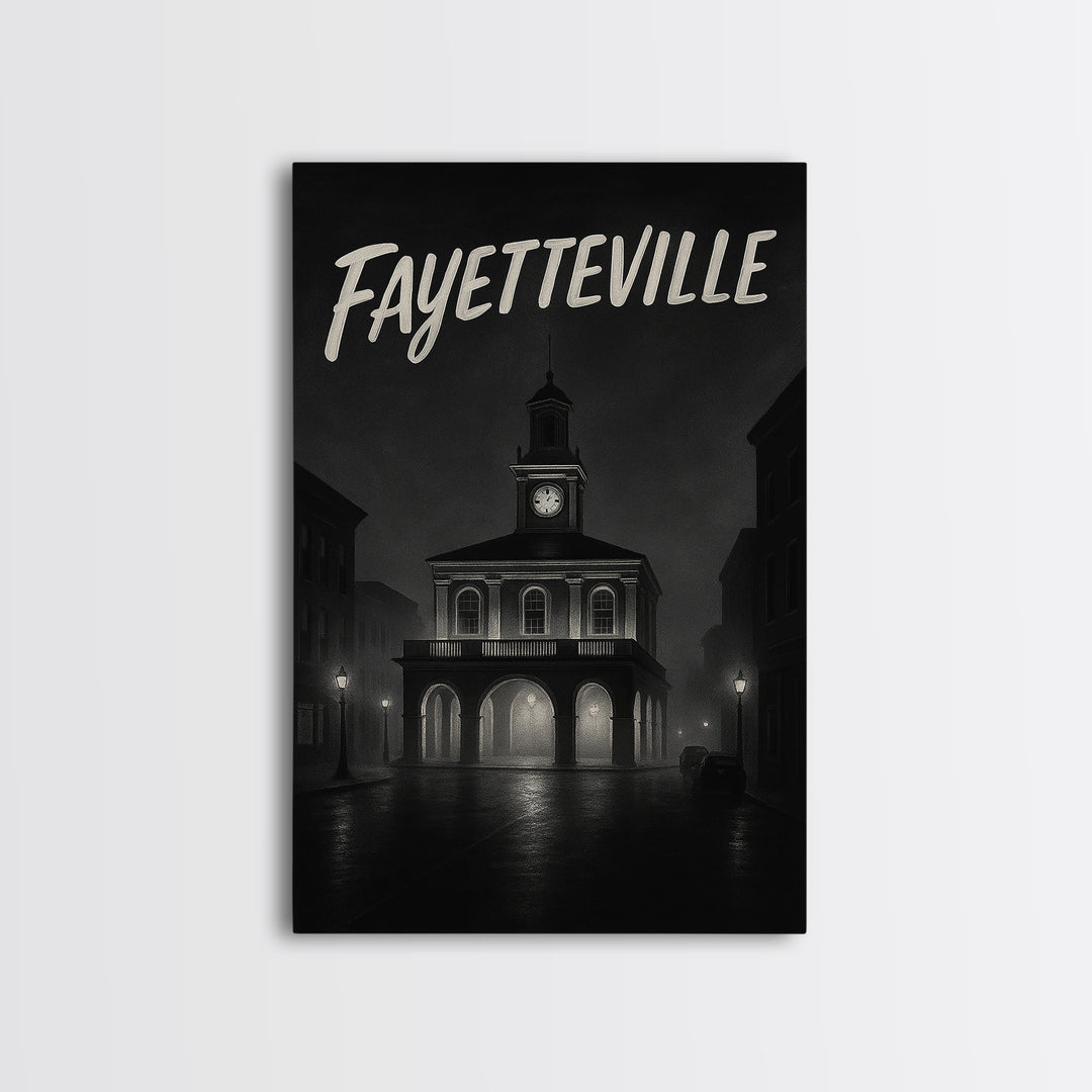 Fayeteville Travel Poster, Framed Canvas Print, Night Street Poster Art, Fayeteville Art Print, City Travel Prints, Vintage City Art