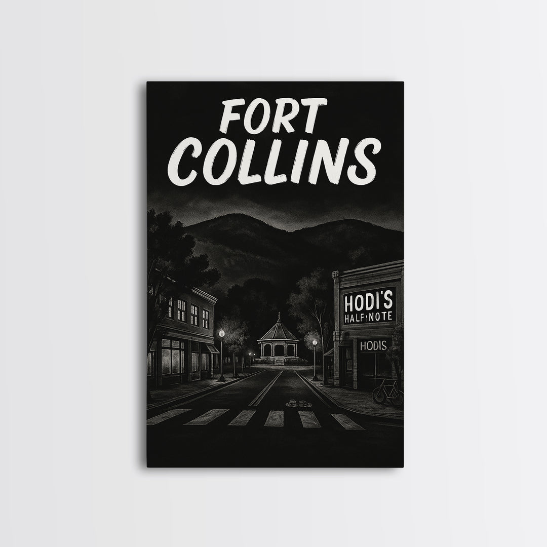 Fort Collins Travel Poster, Framed Canvas Print, Dark Moody City Wall Art, Fort Collins Travel Art, Mid Century Wall Art, Travel Art Print