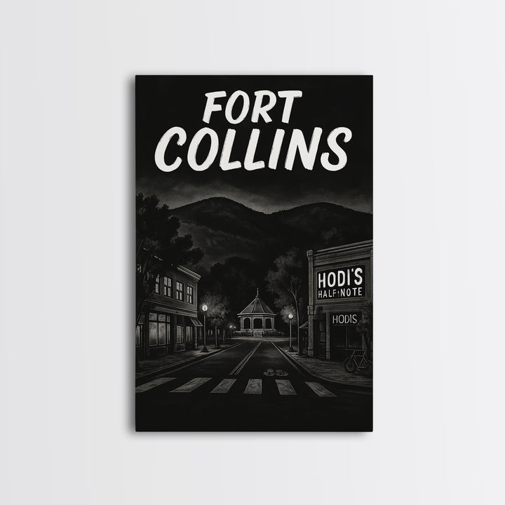Fort Collins Travel Poster, Framed Canvas Print, Dark Moody City Wall Art, Fort Collins Travel Art, Mid Century Wall Art, Travel Art Print