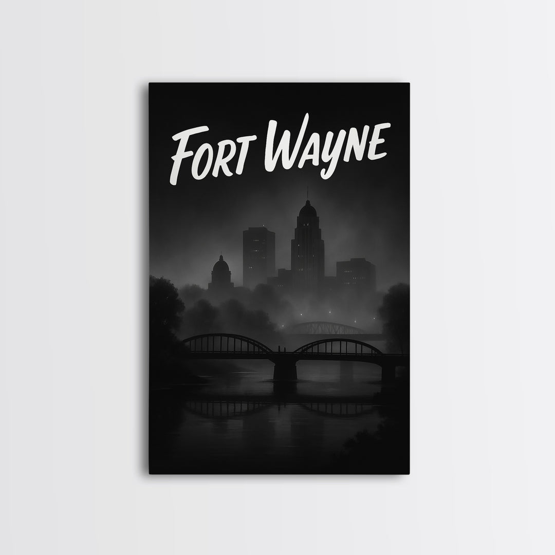 Fort Wayne Travel Poster, Canvas Print, Night Street Poster Art, Fort Wayne Wall Art, City Illustration, Living Room Wall Art, Design 2