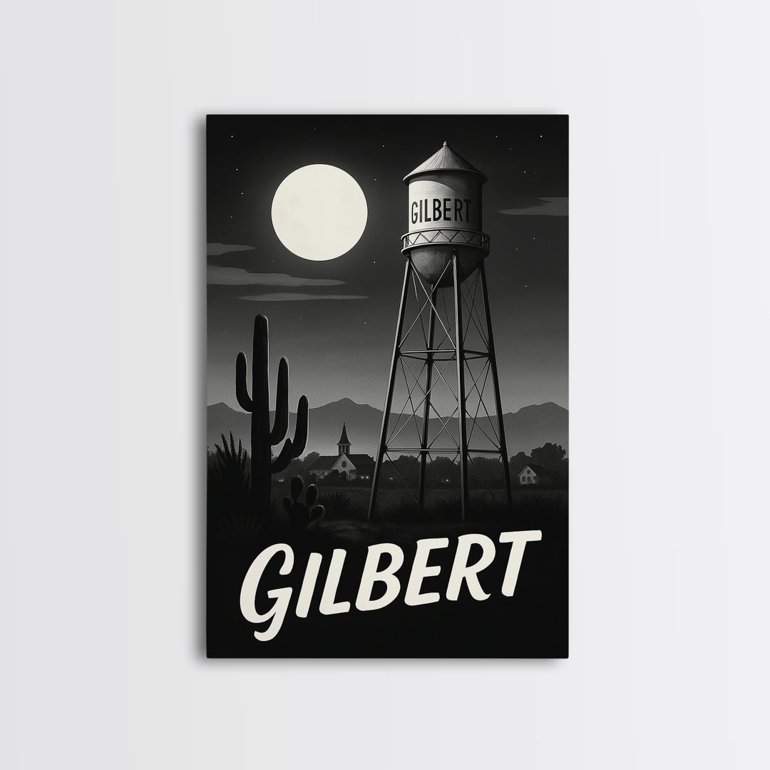 Gilbert Travel Poster, Canvas Print, Night Street Poster Art, Gilbert Travel Art, Eclectic Wall Decor, Fine Art Print, Wanderlust Decor