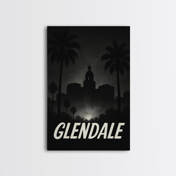 Glendale Travel Poster, Framed Canvas Print, Night Street Poster Art, Glendale Poster Print, Watercolor Skyline, City Illustration