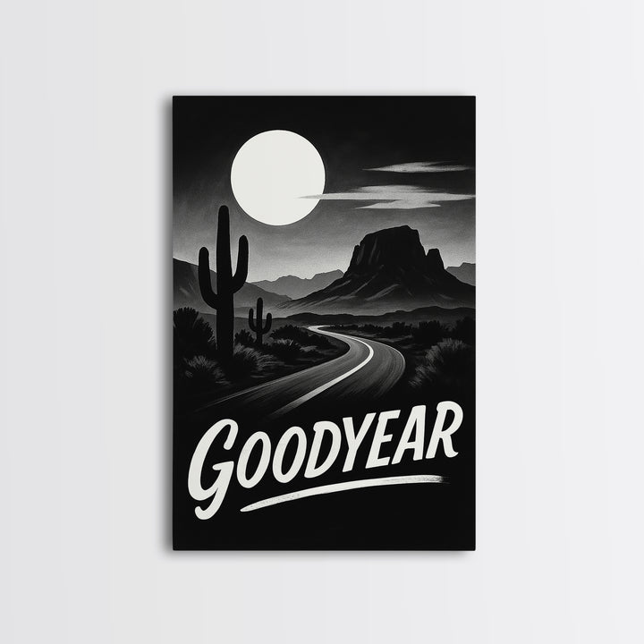 Goodyear Travel Poster, Framed Canvas Print, Vintage Noir Poster Art, Goodyear Travel Art, Living Room Wall Art, Mid Century Wall Art
