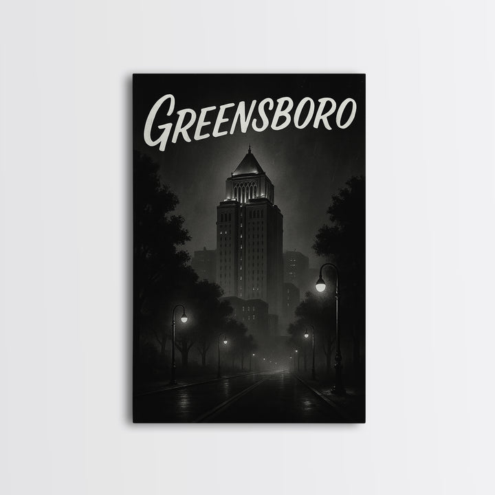 Greensboro Travel Poster, Framed Canvas Print, Black And White Travel Art, Greensboro Poster Print, Living Room Wall Art, Home Office Decor