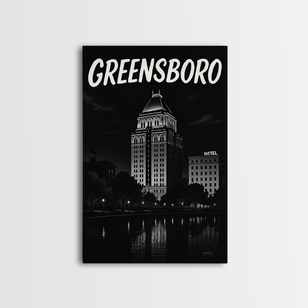 Greensboro Travel Poster, Framed Canvas Print, Black And White Travel Art, Greensboro City Art, Travel Poster Set, City Travel Prints