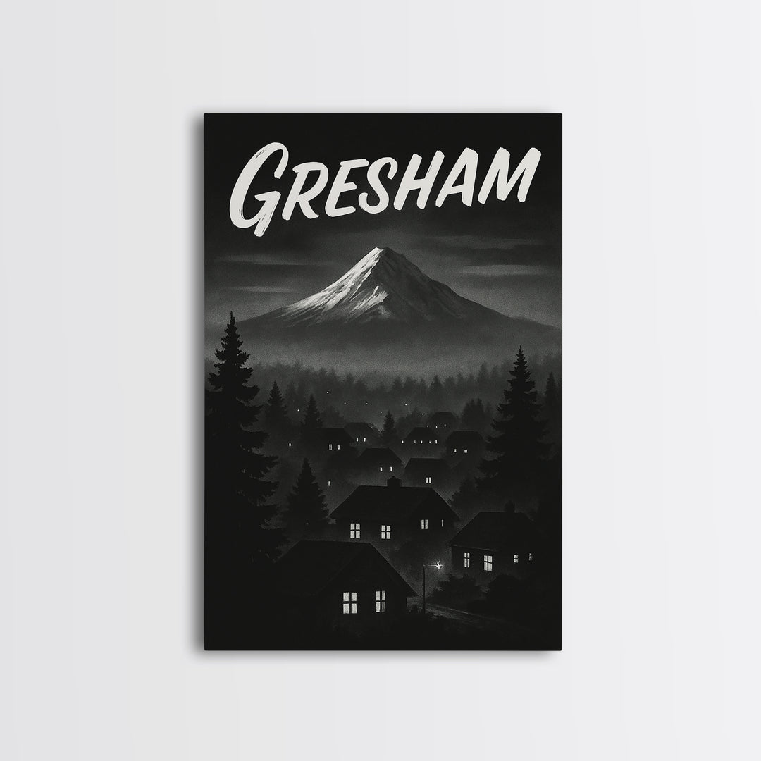 Gresham Oregon Travel Poster, Framed Canvas Print, Black And White Travel Art, Gresham City Art, Vintage City Poster, Travel Wall Art