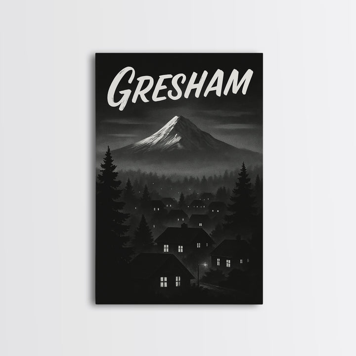 Gresham Oregon Travel Poster, Framed Canvas Print, Black And White Travel Art, Gresham City Art, Vintage City Poster, Travel Wall Art