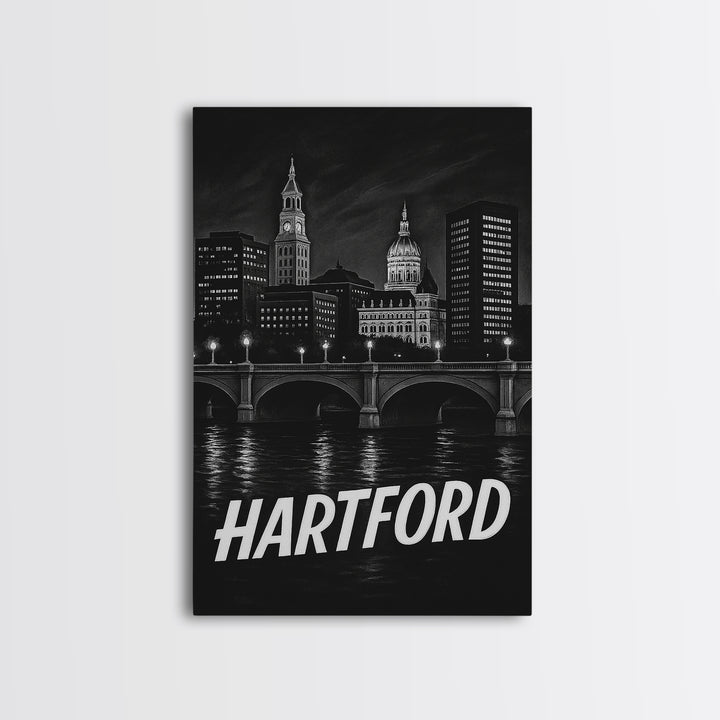 Hartford Connecticut Travel Poster, Framed Canvas Print, Dark Moody City Wall Art, Hartford Poster Print, Travel Art Print, Wanderlust Decor