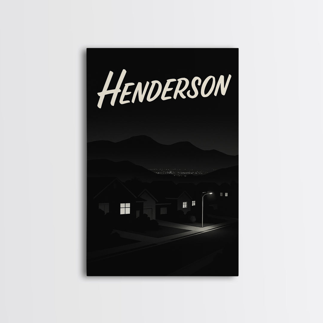 Henderson Travel Poster, Framed Canvas Print, Dark Moody City Wall Art, Henderson Art Print, Vintage Travel Print, City Illustration