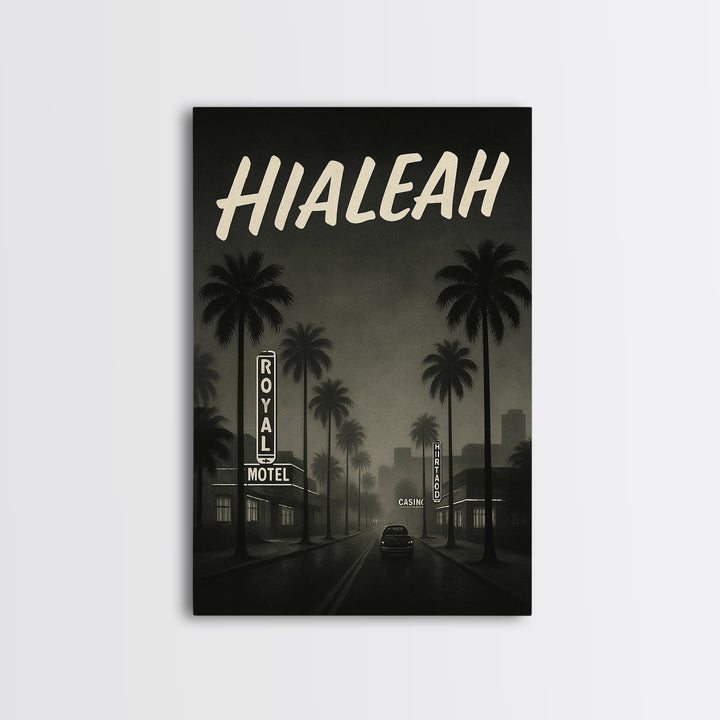 Hialeah Florida Travel Poster, Framed Canvas Print, Dark Moody City Wall Art, Hialeah Poster Print, Living Room Wall Art, Fine Art Print