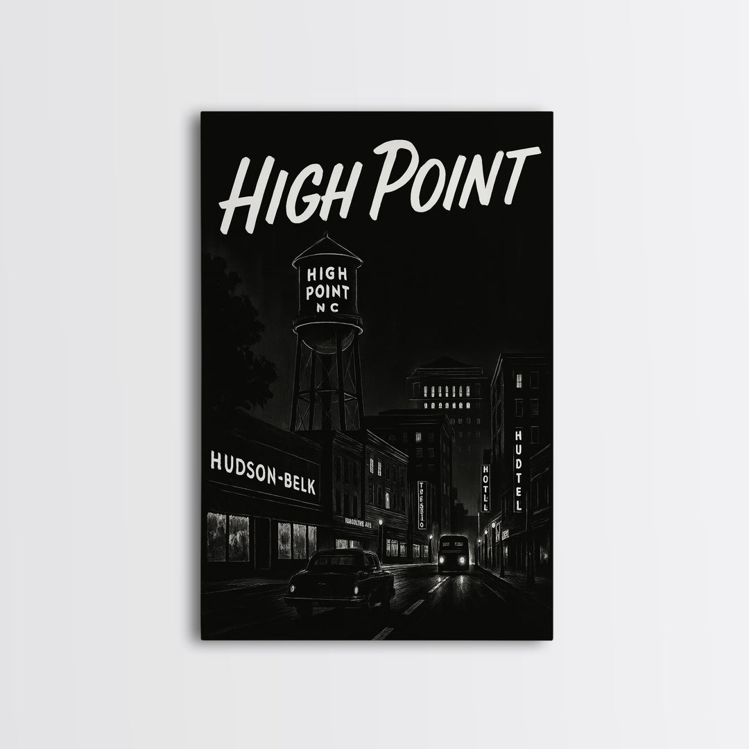 High Point Travel Poster, Framed Canvas Print, Black And White Travel Art, High Point Poster Print, Retro Travel Print, Vintage City Poster