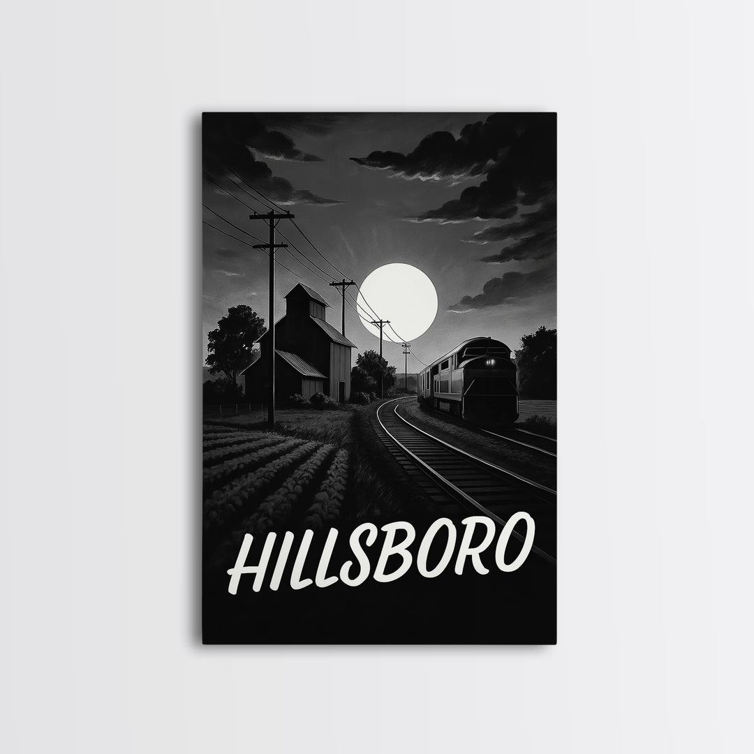 Hillsboro Travel Poster, Canvas Print, Dark Moody City Wall Art, Hillsboro Art Print, Living Room Wall Art, Vintage Travel Art