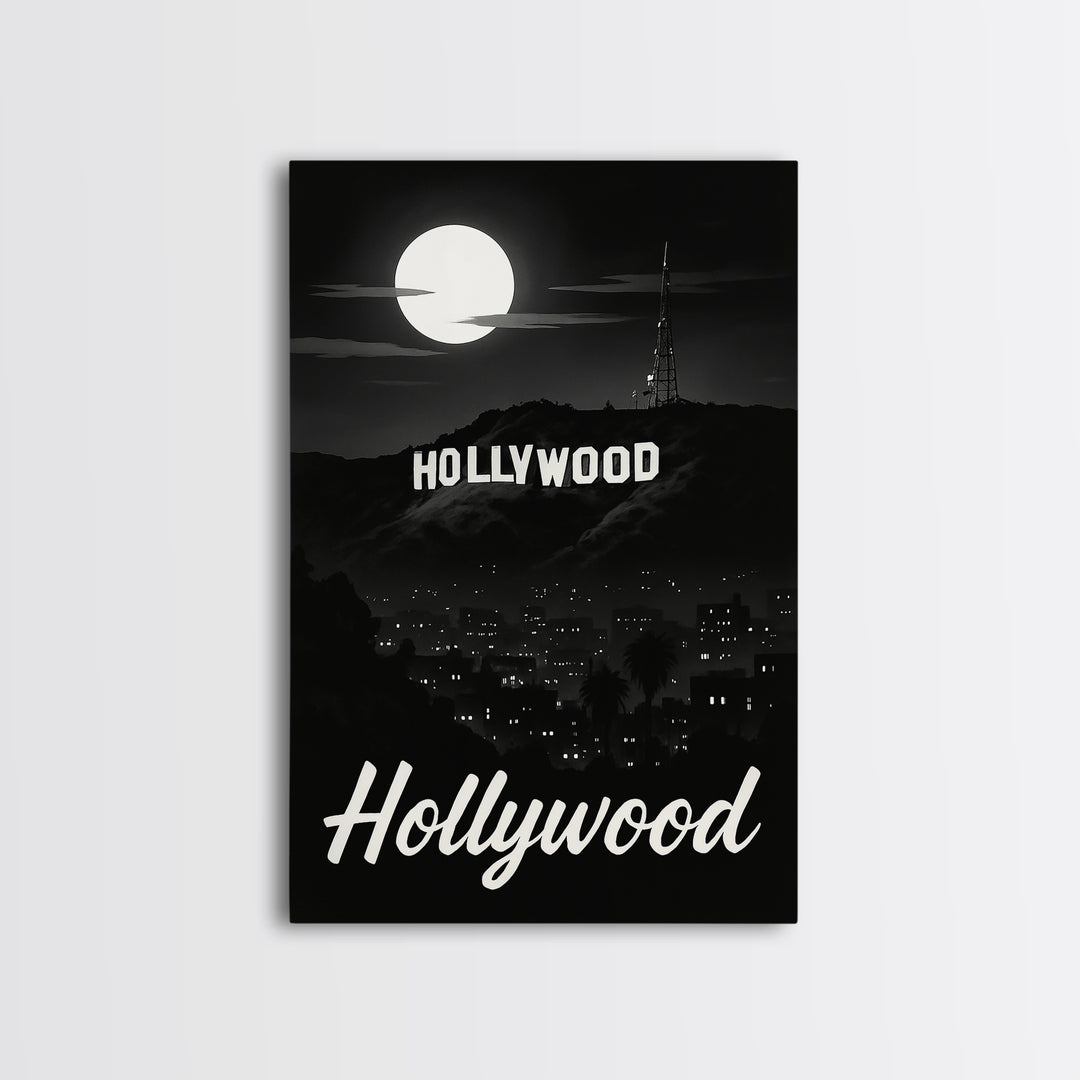 Hollywood Travel Poster, Framed Canvas Print, Night Street Poster Art, Hollywood Wall Art, Travel Poster Set, Travel Wall Art, Design 2