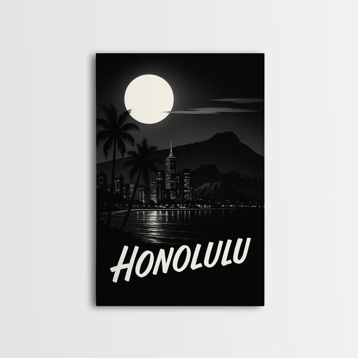 Honolulu Hawaii Travel Poster, Framed Canvas Print, Night Street Poster Art, Honolulu Travel Art, Home Office Decor, Modern Wall Decor