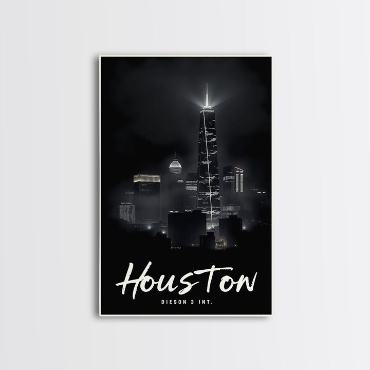 Houston Texas Travel Poster, Framed Canvas Print, Dark Moody City Wall Art, Houston City Art, Gift For Travelers, Living Room Wall Art
