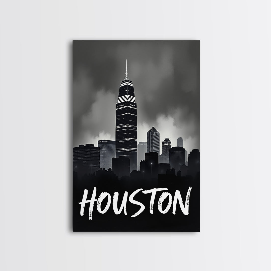 Houston Travel Poster, Framed Canvas Print, Black And White Travel Art, Houston Art Print, Retro Travel Print, City Travel Prints