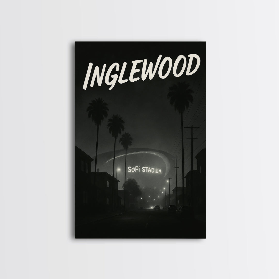 Inglewood California Travel Poster, Framed Canvas Print, Night Street Poster Art, Inglewood City Art, City Illustration, Vintage City Poster
