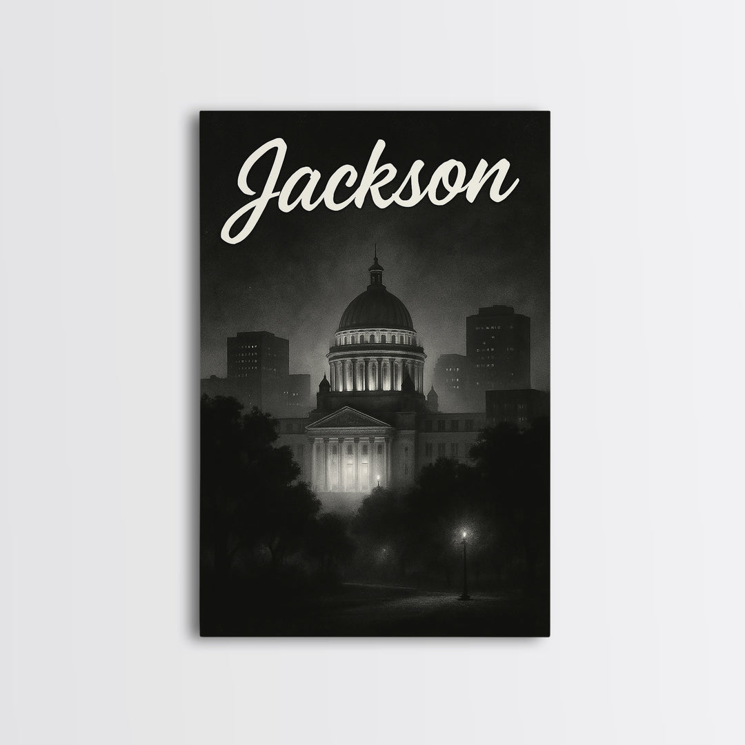 Jackson Mississippi Travel Poster, Framed Canvas Print, Dark Moody City Wall Art, Jackson City Art, City Illustration, Retro Travel Print