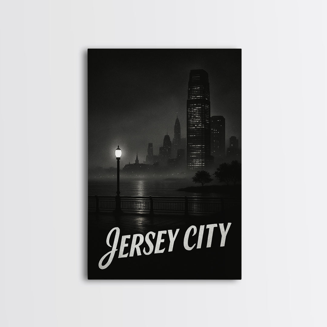 Jersey City Travel Poster, Framed Canvas Print, Vintage Noir Poster Art, Jersey City Wall Art, City Travel Prints, Vintage Travel Art