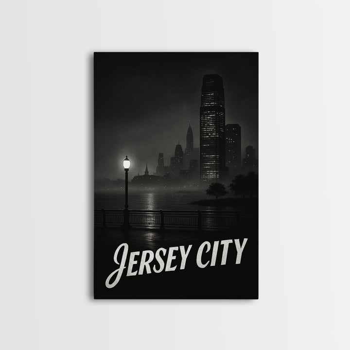 Jersey City Travel Poster, Framed Canvas Print, Vintage Noir Poster Art, Jersey City Wall Art, City Travel Prints, Vintage Travel Art