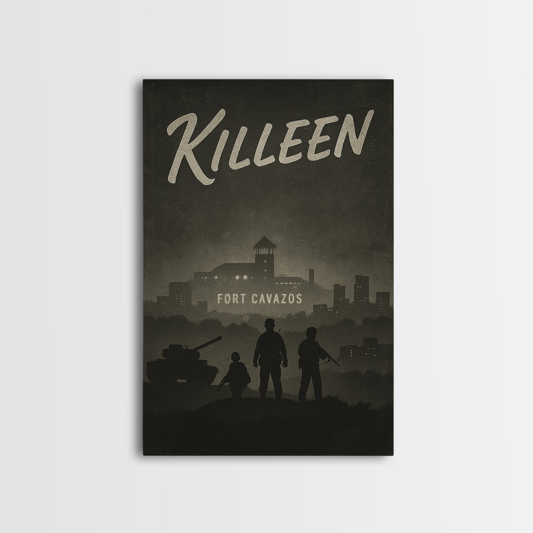 Killeen Texas Travel Poster, Framed Canvas Print, Black And White Travel Art, Killeen Wall Art, Vintage City Poster, Travel Art Print