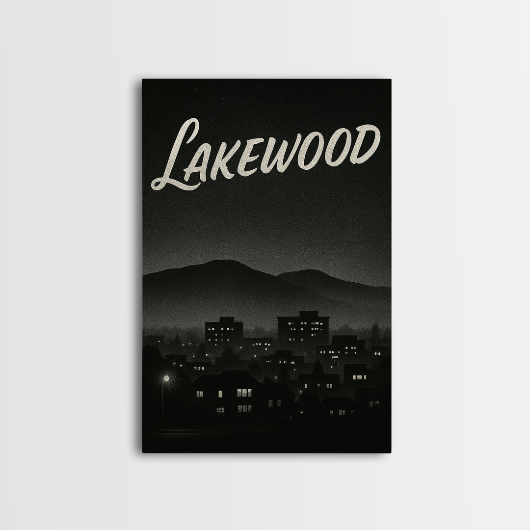 Lakewood Travel Poster, Framed Canvas Print, Night Street Poster Art, Lakewood Travel Art, Living Room Wall Art, Mid Century Wall Art