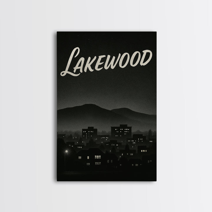 Lakewood Travel Poster, Framed Canvas Print, Night Street Poster Art, Lakewood Travel Art, Living Room Wall Art, Mid Century Wall Art