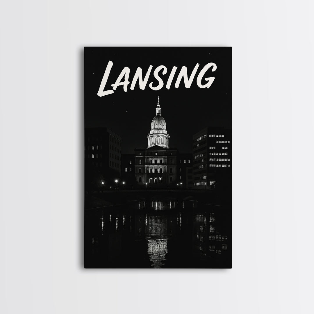 Lansing Michigan Travel Poster, Canvas Print, Dark Moody City Wall Art, Lansing City Art, Travel Poster Set, Travel Art Print, Wall Art