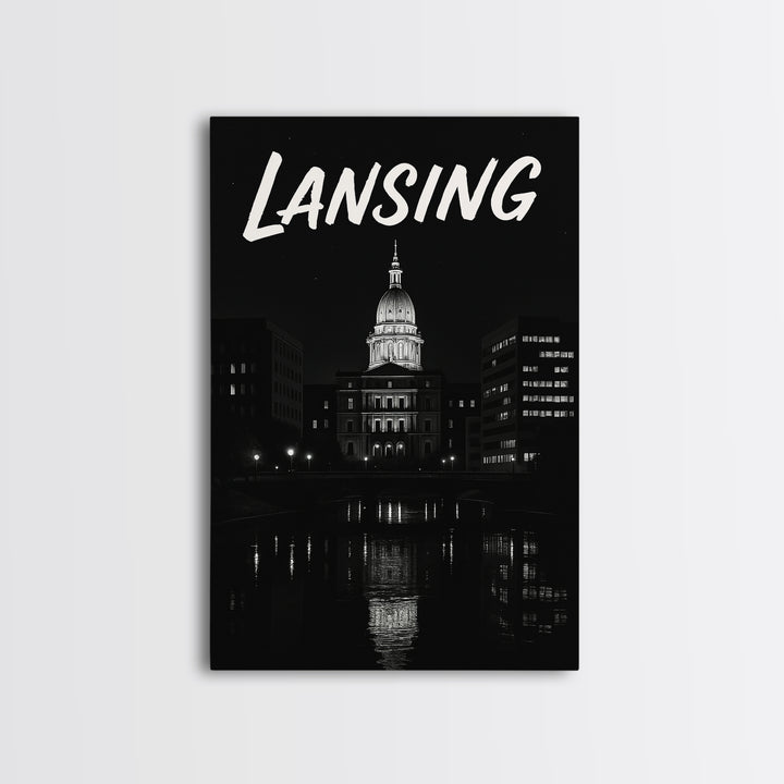 Lansing Michigan Travel Poster, Canvas Print, Dark Moody City Wall Art, Lansing City Art, Travel Poster Set, Travel Art Print, Wall Art