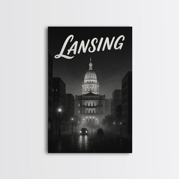 Lansing Travel Poster, Framed Canvas Print, Black And White Travel Art, Lansing Poster Print, Vintage City Art, Living Room Wall Art