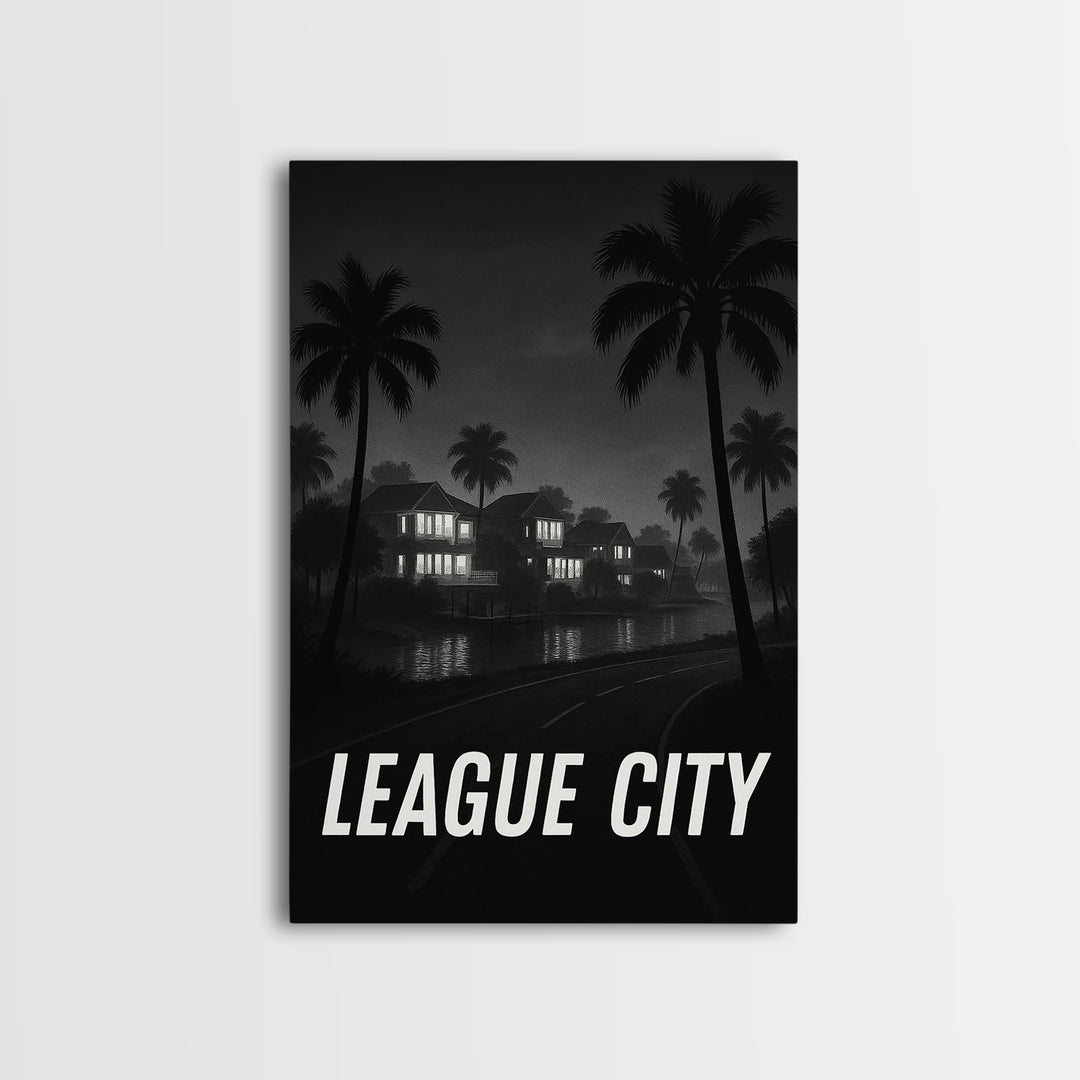 League City Texas Travel Poster, Framed Canvas Print, Night Street Poster Art, League City Art Print, Retro Travel Print, Travel Wall Art