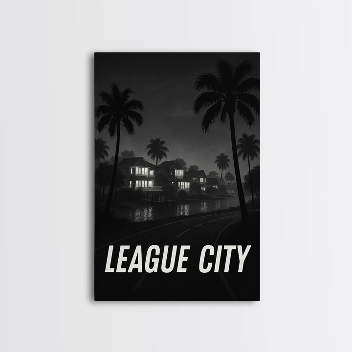 League City Texas Travel Poster, Framed Canvas Print, Night Street Poster Art, League City Art Print, Retro Travel Print, Travel Wall Art