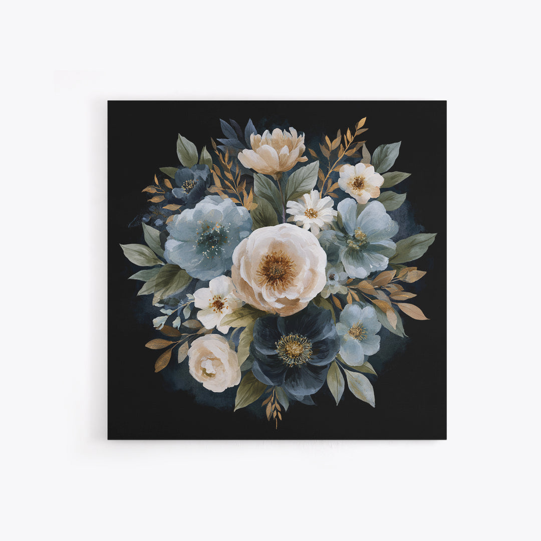 Moody Dark Background Bouquet for Formal Dining Framed Canvas Print, Dining Room Art, Kitchen Decor, Dining Room Decor, Dining, DRA-1x1-11
