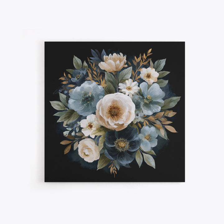 Moody Dark Background Bouquet for Formal Dining Framed Canvas Print, Dining Room Art, Kitchen Decor, Dining Room Decor, Dining, DRA-1x1-11