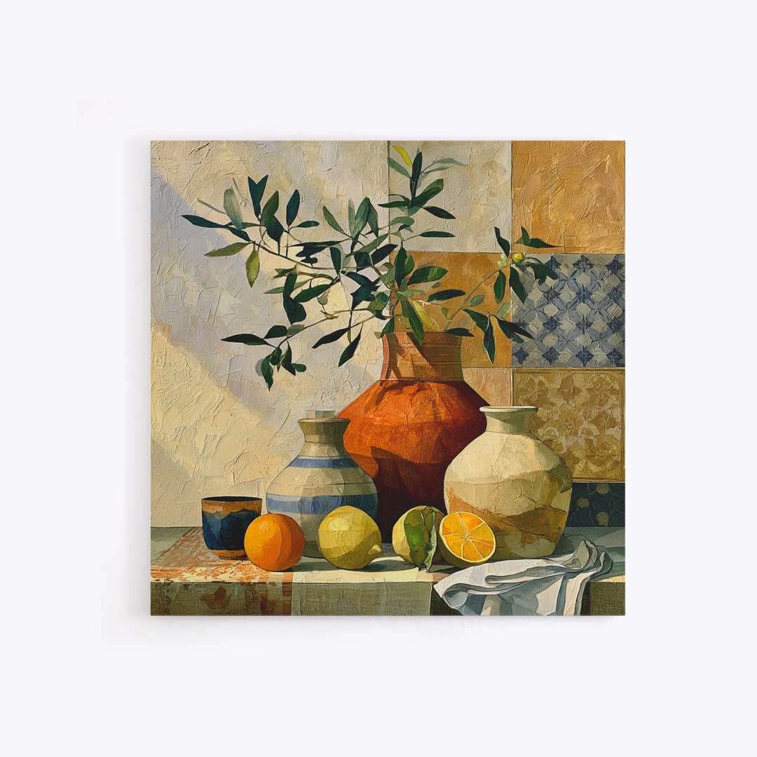 Mediterranean Olive Branch and Citrus Arrangement Framed Canvas Print, Dining Room Art, Print, Dining Room Decor, Oil Painting, DRA-1x1-12