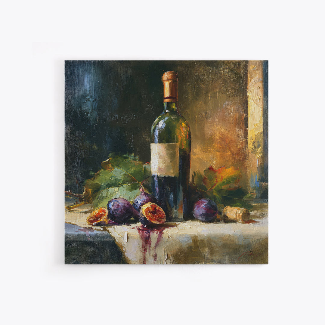 Wine Bottle and Figs on a Linen Canvas Print, Dining Room Art, Canvas Art, Dining Room Decor, Dining, Bedroom Wall Art, DRA-1x1-3