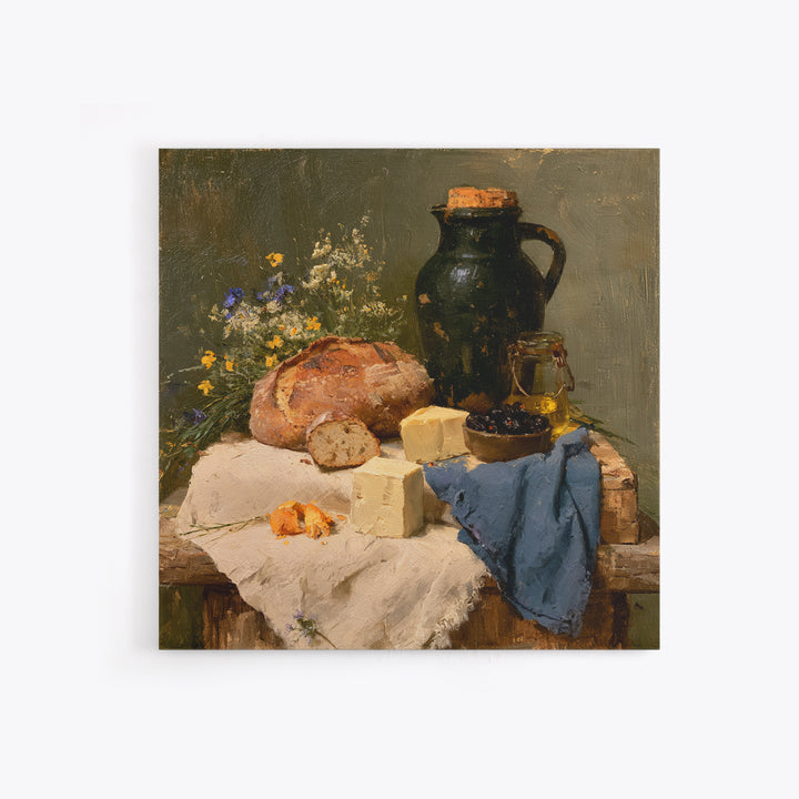 Rustic Bread Olives and Cheese Still Life Canvas Print, Dining Room Art, 3 Piece Wall Art, Dining Room Decor, Oil Painting, DRA-1x1-30