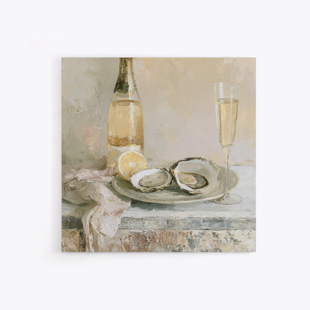 Elegant Oyster and Champagne Still Life Canvas Print, Dining Room Art, Kitchen Art, Dining Room Decor, Fine Art, Dining, DRA-1x1-31