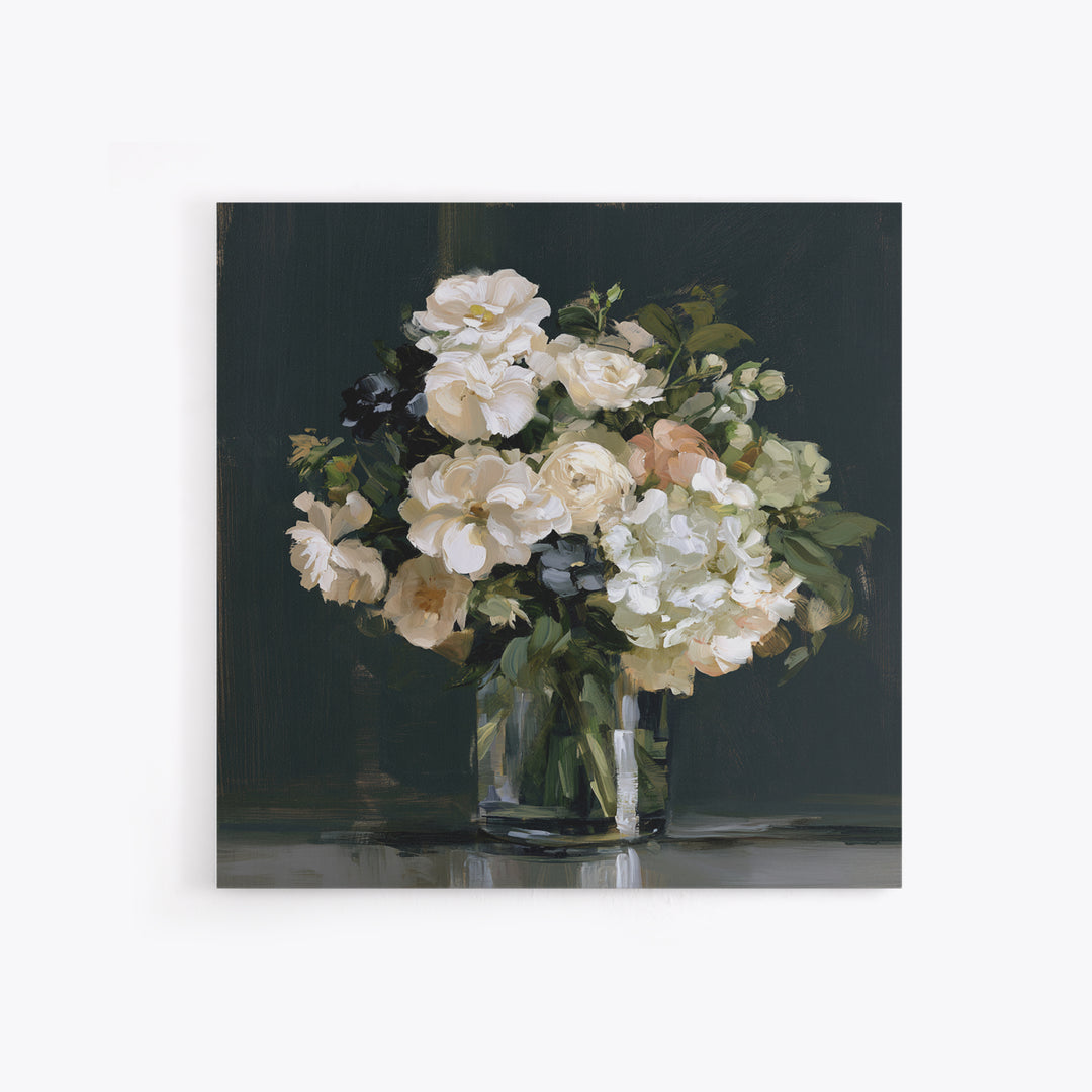 Moody Dark Background Bouquet for Formal Dining Canvas Print, Dining Room Art, Living Room Decor, Dining Room Decor, Dining, DRA-1x1-35