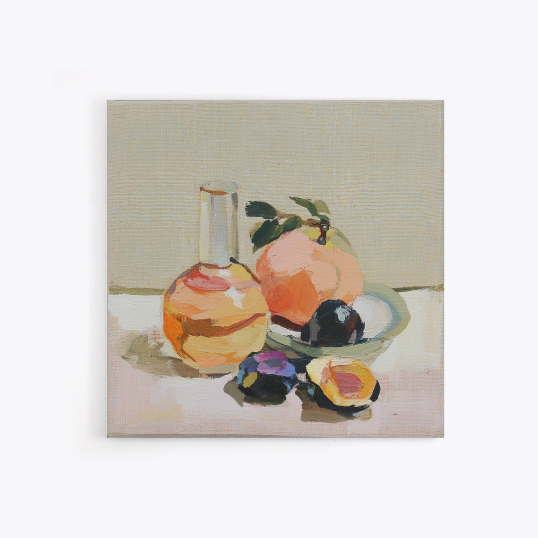 Peach and Plum Still Life Framed Canvas Print, Dining Room Art, Kitchen Wall Art, Dining Room Decor, Fine Art, Dining, DRA-1x1-44