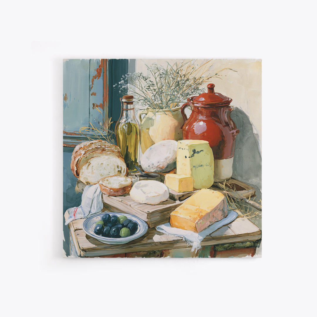 Rustic Bread Olives and Cheese Still Life Canvas Print, Dining Room Art, 3 Piece Wall Art, Dining Room Decor, Oil Painting, DRA-1x1-54