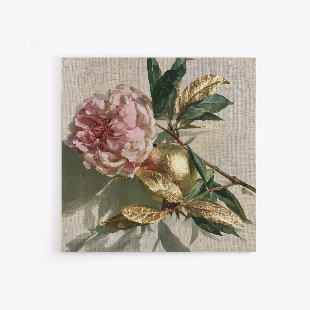 Pomegranate and Gold Leaf Botanical Study Framed Canvas Print, Dining Room Art, Bedroom Decor, Dining Room Decor, Dining, DRA-1x1-56
