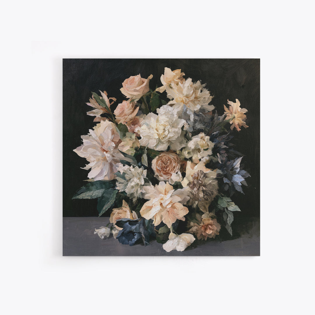 Moody Dark Background Bouquet for Formal Dining Canvas Print, Dining Room Art, Kitchen Prints, Dining Room Decor, Dining, DRA-1x1-59