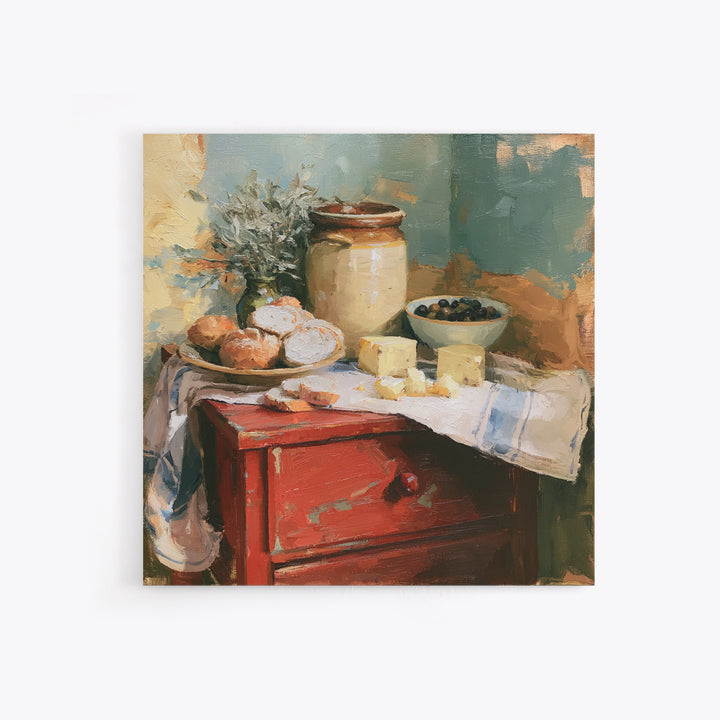 Rustic Bread Olives and Cheese Still Life Canvas Print, Dining Room Art, Living Room Decor, Dining Room Decor, Dining, DRA-1x1-6